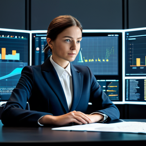 A focused professional marketing analyst in a modest business suit, sitting at a desk, surrounded by holographic data visualizations and smart interfaces displaying personalized email campaign analytics. The environment is a sleek, modern tech office with soft ambient lighting. She is fully clothed, appropriate attire, safe for work, appropriate content, professional, perfect anatomy, correct proportions, natural pose, well-formed hands, proper finger count, natural body proportions, high-quality professional photography, hyper-realistic.