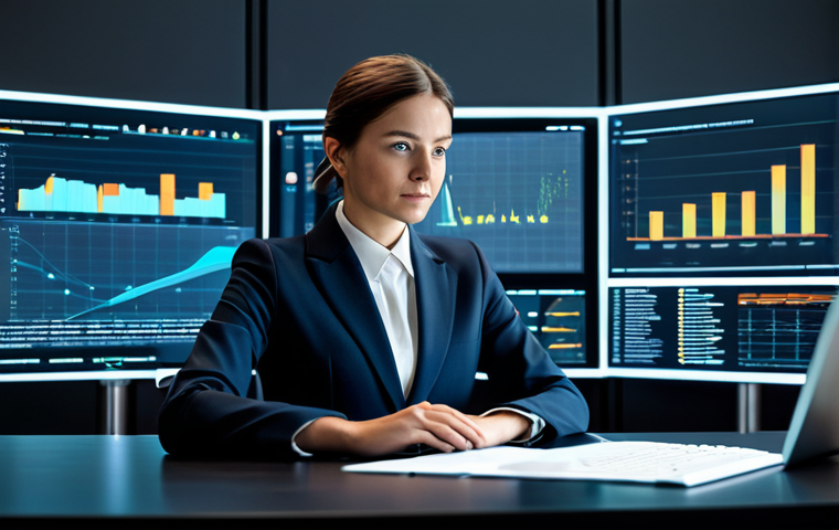 A focused professional marketing analyst in a modest business suit, sitting at a desk, surrounded by holographic data visualizations and smart interfaces displaying personalized email campaign analytics. The environment is a sleek, modern tech office with soft ambient lighting. She is fully clothed, appropriate attire, safe for work, appropriate content, professional, perfect anatomy, correct proportions, natural pose, well-formed hands, proper finger count, natural body proportions, high-quality professional photography, hyper-realistic.
