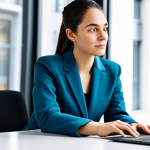 A professional female UI/UX designer in a modest business casual suit, sitting comfortably at a sleek, modern desk in a brightly lit, contemporary office. She is attentively reviewing a laptop screen displaying a clean and intuitive website interface with clear navigation and content layout. Her posture is natural and focused, embodying a deep understanding of user experience. The background features blurred office elements, suggesting a collaborative and innovative environment. Perfect anatomy, correct proportions, natural pose, well-formed hands, proper finger count, natural body proportions, professional photography, high quality, fully clothed, modest clothing, appropriate attire, professional dress, safe for work, appropriate content, family-friendly.