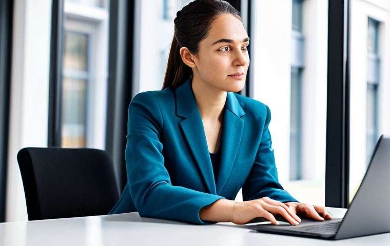 A professional female UI/UX designer in a modest business casual suit, sitting comfortably at a sleek, modern desk in a brightly lit, contemporary office. She is attentively reviewing a laptop screen displaying a clean and intuitive website interface with clear navigation and content layout. Her posture is natural and focused, embodying a deep understanding of user experience. The background features blurred office elements, suggesting a collaborative and innovative environment. Perfect anatomy, correct proportions, natural pose, well-formed hands, proper finger count, natural body proportions, professional photography, high quality, fully clothed, modest clothing, appropriate attire, professional dress, safe for work, appropriate content, family-friendly.