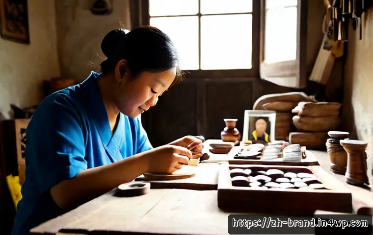 브랜드 스토리의 힘을 활용하는 방법 - Photorealistic small business owner in a warm artisan workshop, carefully arranging handmade product...